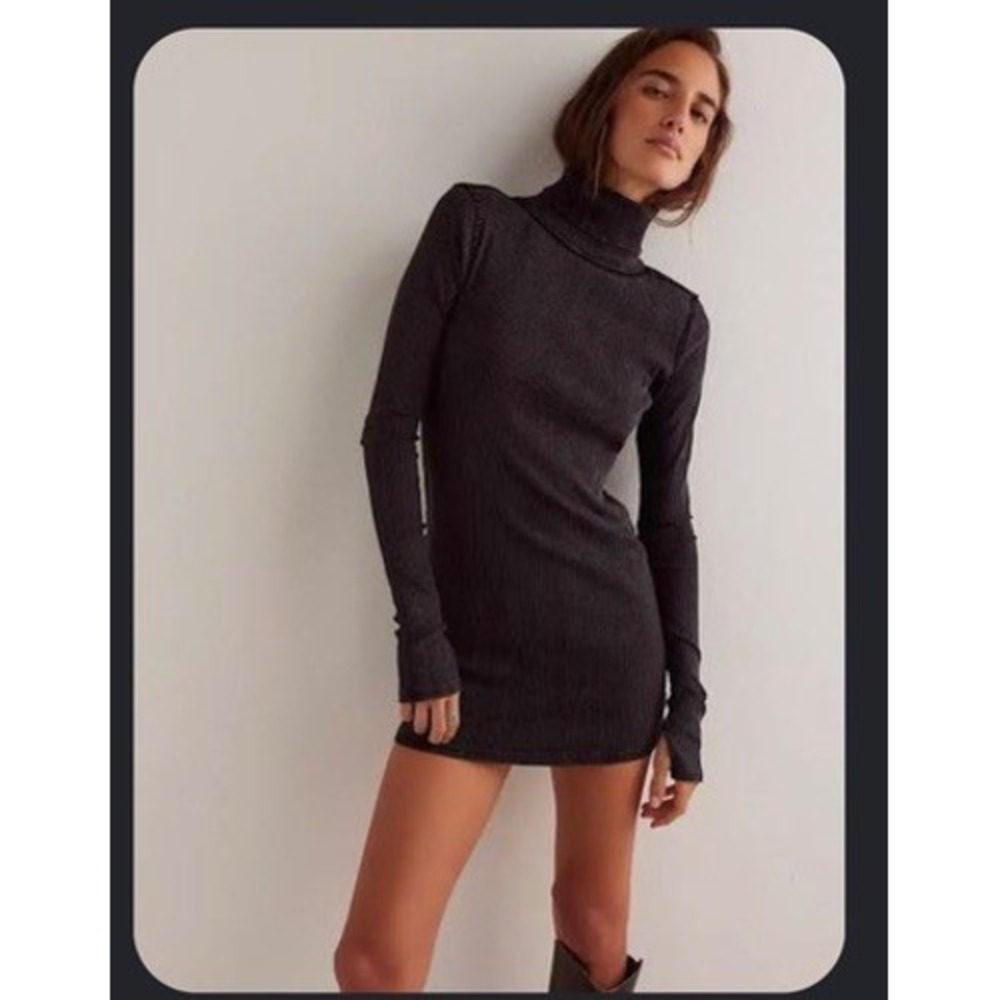 We The Free Free People Black Ribbed Turtleneck Mini Dress Exposed Seams M